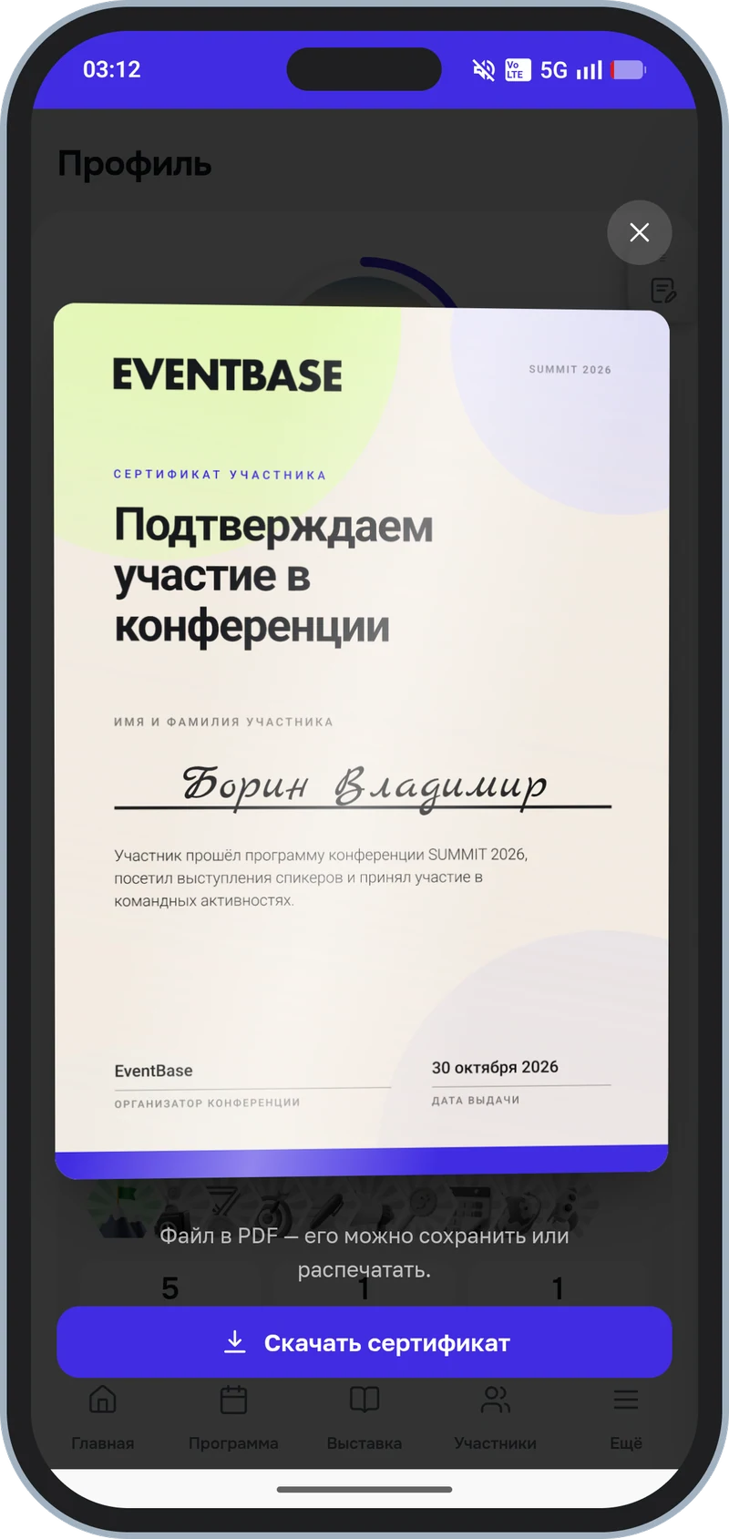 Разворот сертификата поверх экрана и кнопка «Скачать сертификат» под ним