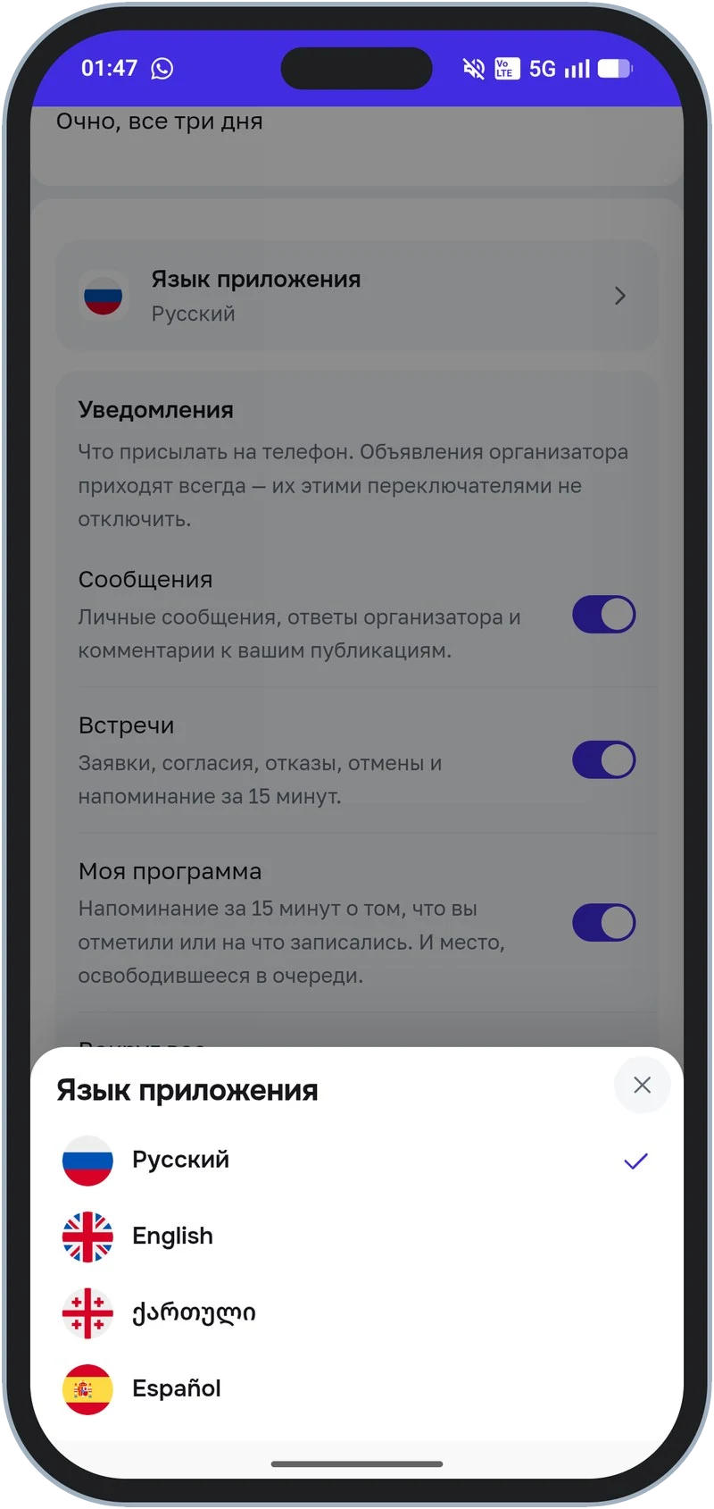 Выбор языка приложения — список с флагами